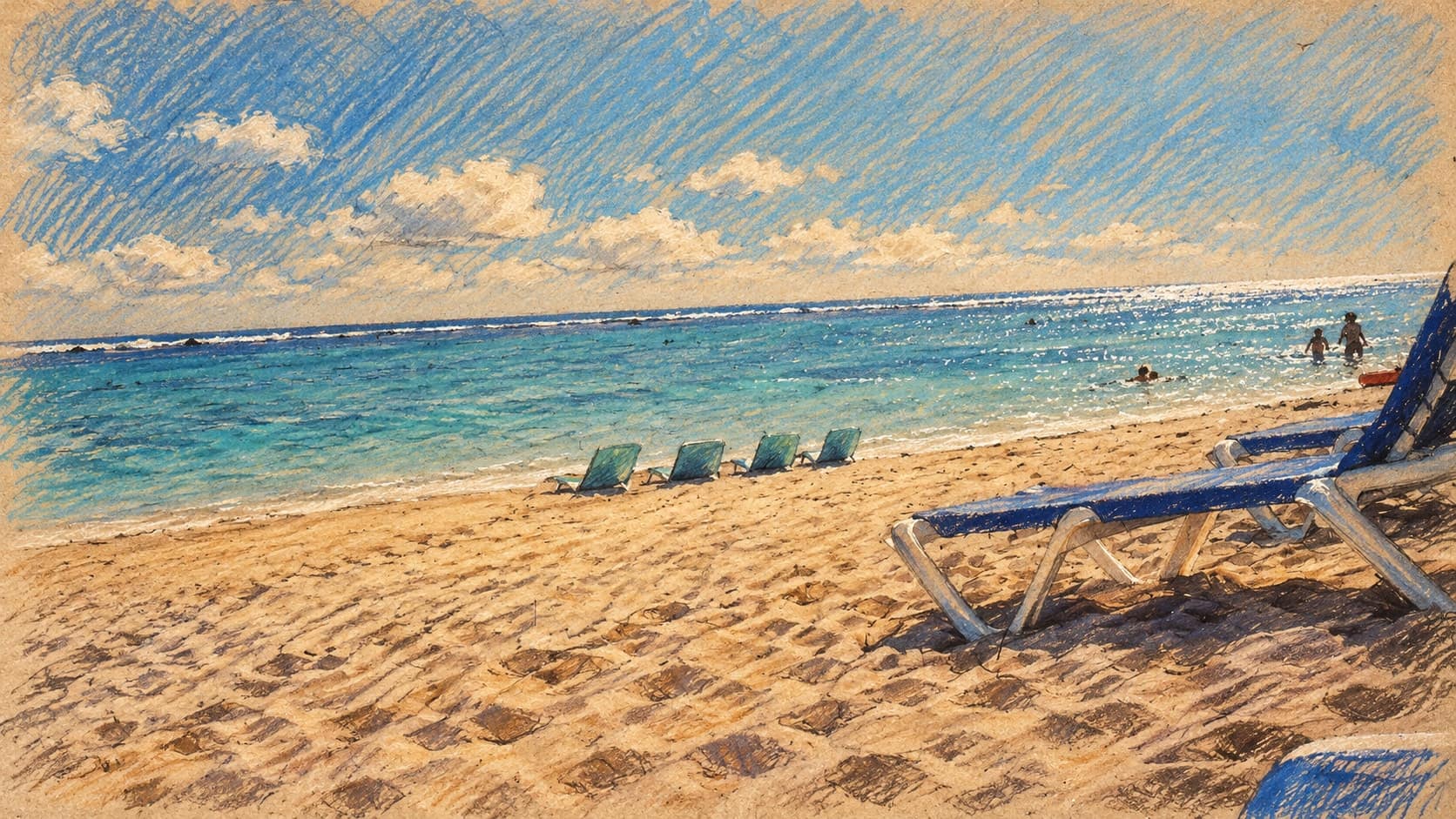 Courtroom-sketch editorial illustration of an archival 2007 Rarotonga beach with lounge chairs, a lagoon and distant swimmers; contextual Cook Islands coast, not Cyclone Wati or current conditions, rendered in warm ochre and slate-blue pastel strokes.