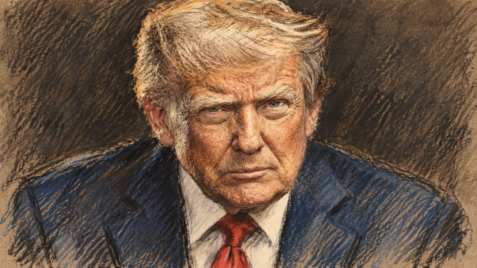 Courtroom-sketch editorial illustration of Donald Trump in a navy suit and red tie against a plain dark background, based on an archival June 2025 official portrait; contextual image, not the October 2026 interview.