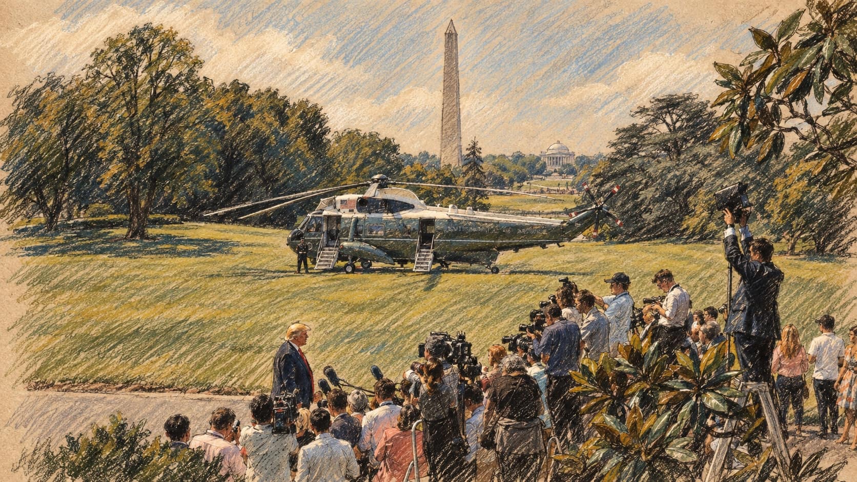 Courtroom-sketch editorial illustration of an archival July 2019 scene of Donald Trump talking to reporters beside the White House South Lawn, with Marine One on the lawn and the Washington Monument in the distance, rendered in warm ochre and slate-blue pastel strokes; contextual imagery, not the October 2026 statements.