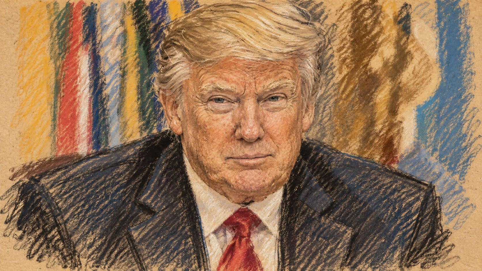 Courtroom-sketch editorial illustration of Donald Trump in a dark suit and red tie, based on an archival January 2017 portrait with blurred flag colors behind him.