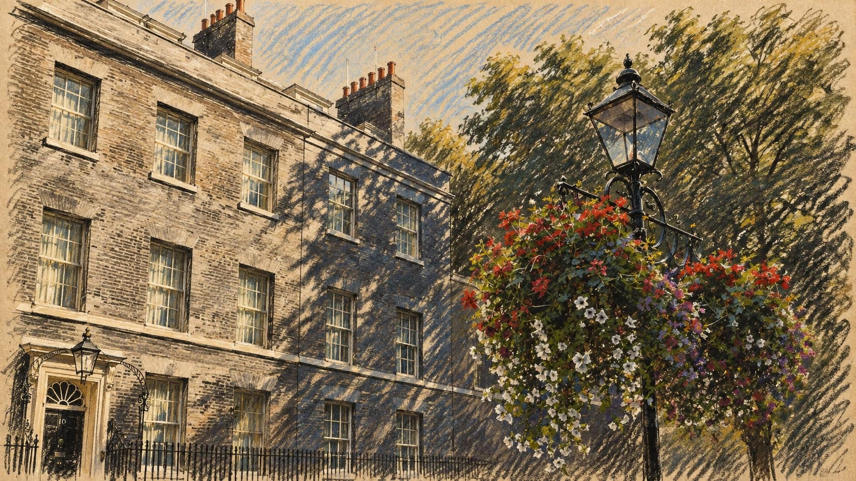 Courtroom-sketch editorial illustration of the empty Downing Street facade with its black front door, windows, trees, lamp and hanging flowers, based on a September 2017 U.S. Embassy photograph; archival government context for the police assessment, not a depiction of Sarah Helm or the reported post.