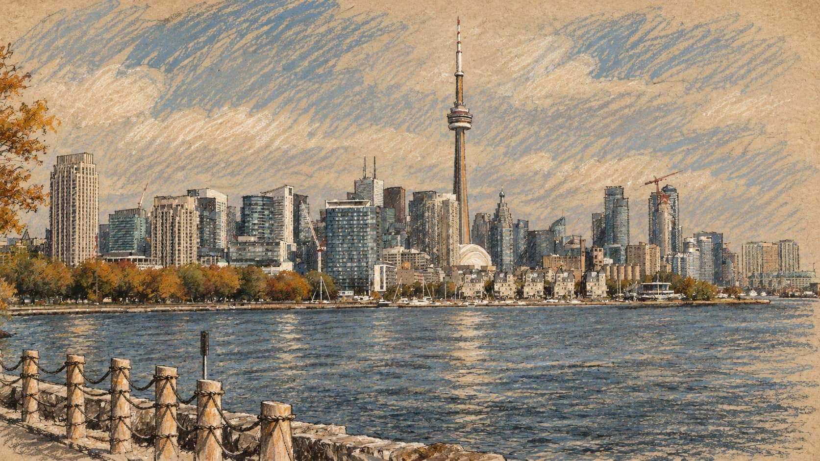 Courtroom-sketch editorial illustration of an archival October 2017 view of Toronto's downtown skyline and CN Tower across the water, with shoreline trees and stone posts linked by chains in the foreground, rendered in warm ochre and slate-blue pastel strokes; contextual city imagery, not a depiction of Waymo vehicles or the announced 2028 service.