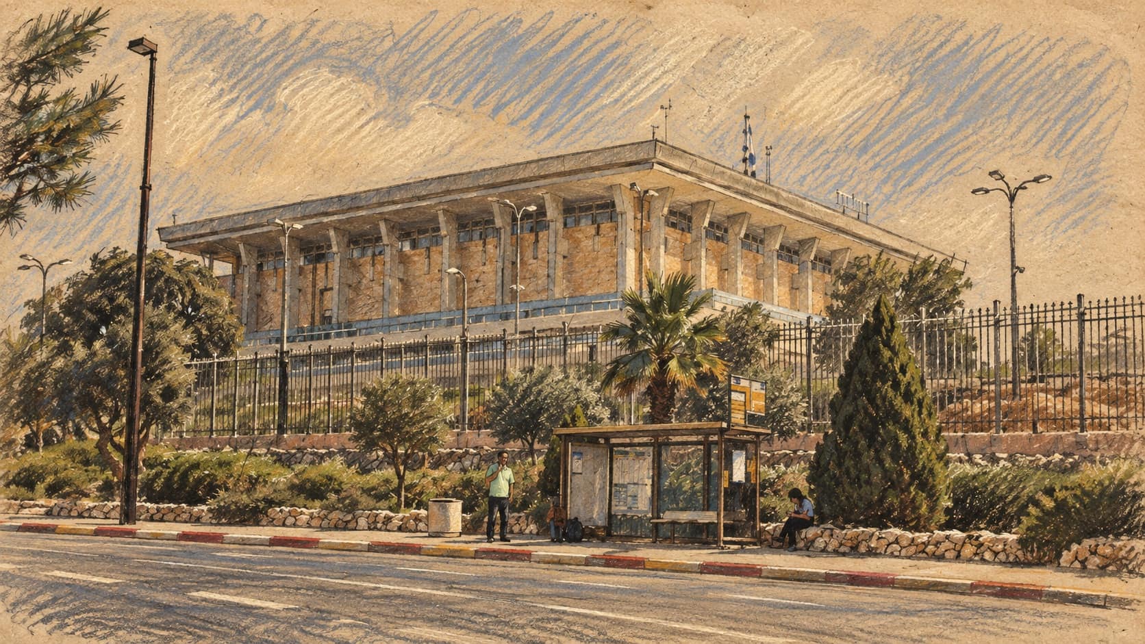 Courtroom-sketch editorial illustration of an archival view of the Knesset in Jerusalem, used as national budget context rather than a depiction of the Welfare Ministry or its reported exemption request