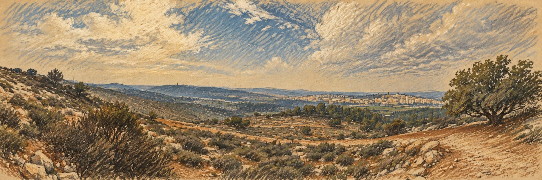 Courtroom-sketch editorial illustration of an archival panoramic view of Beit Shemesh and its surrounding hills from the east; contextual city view, not the construction accident