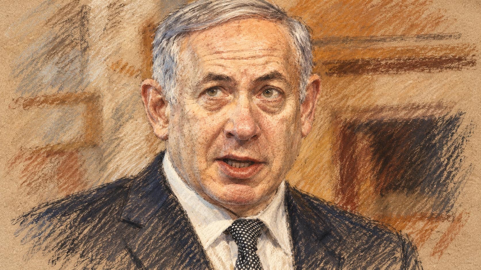 Courtroom-sketch editorial illustration of an archival portrait of Benjamin Netanyahu speaking in a dark suit and patterned tie before a warm stone interior; contextual image, not the current political exchange.