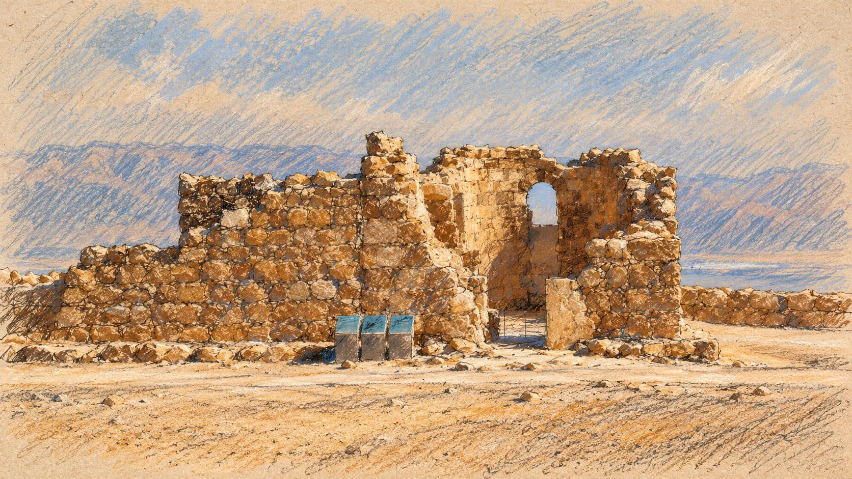 Courtroom-sketch editorial illustration of ancient stone ruins at Masada, an archival view of one of the national parks named in the visitor report.
