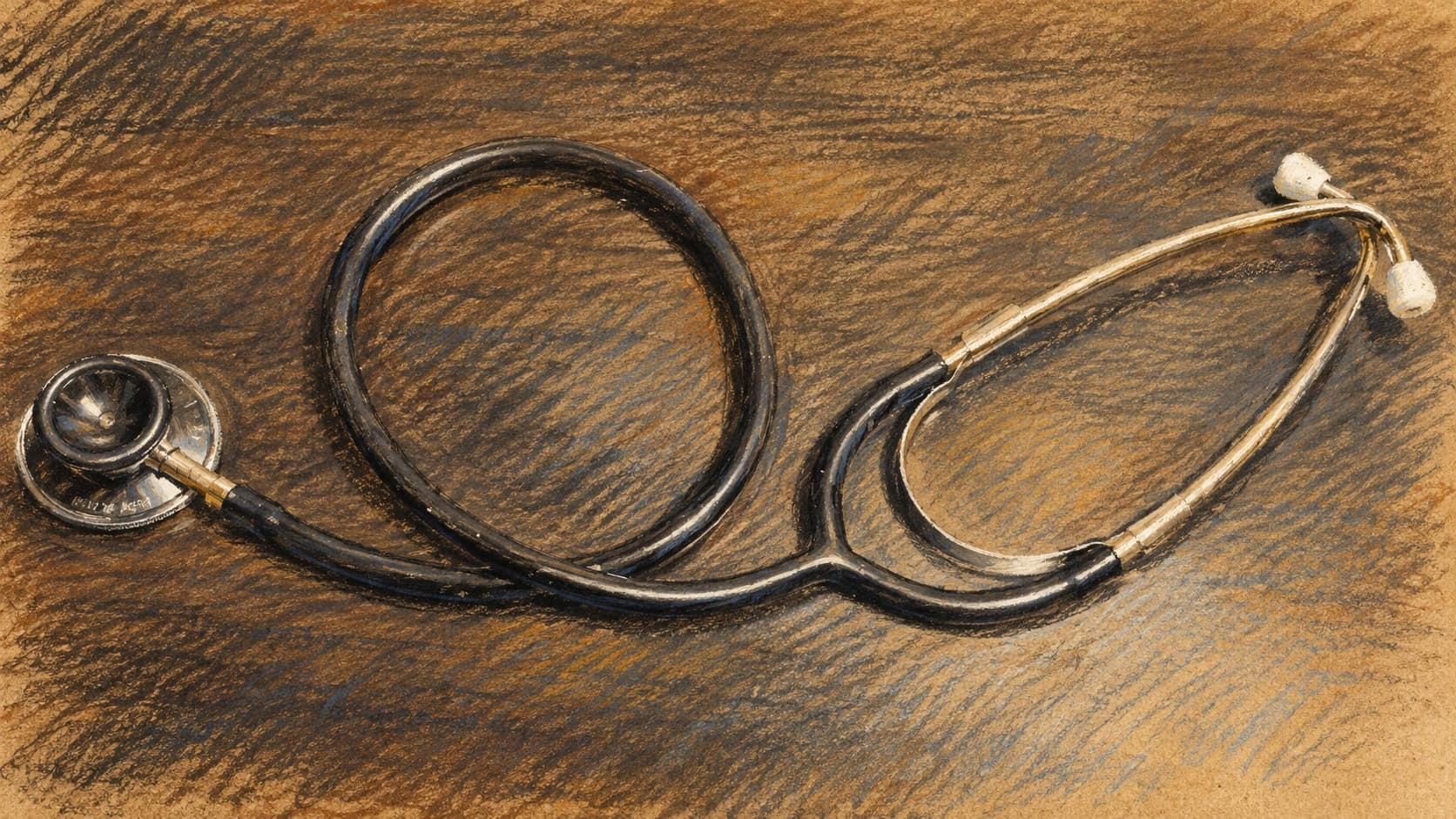 Courtroom-sketch editorial illustration of a black-and-silver stethoscope lying on a dark tabletop, rendered in warm ochre and slate-blue pastel strokes; contextual medical equipment from an archival 2012 photograph, not a depiction of the policy announcement or a New Zealand clinic.