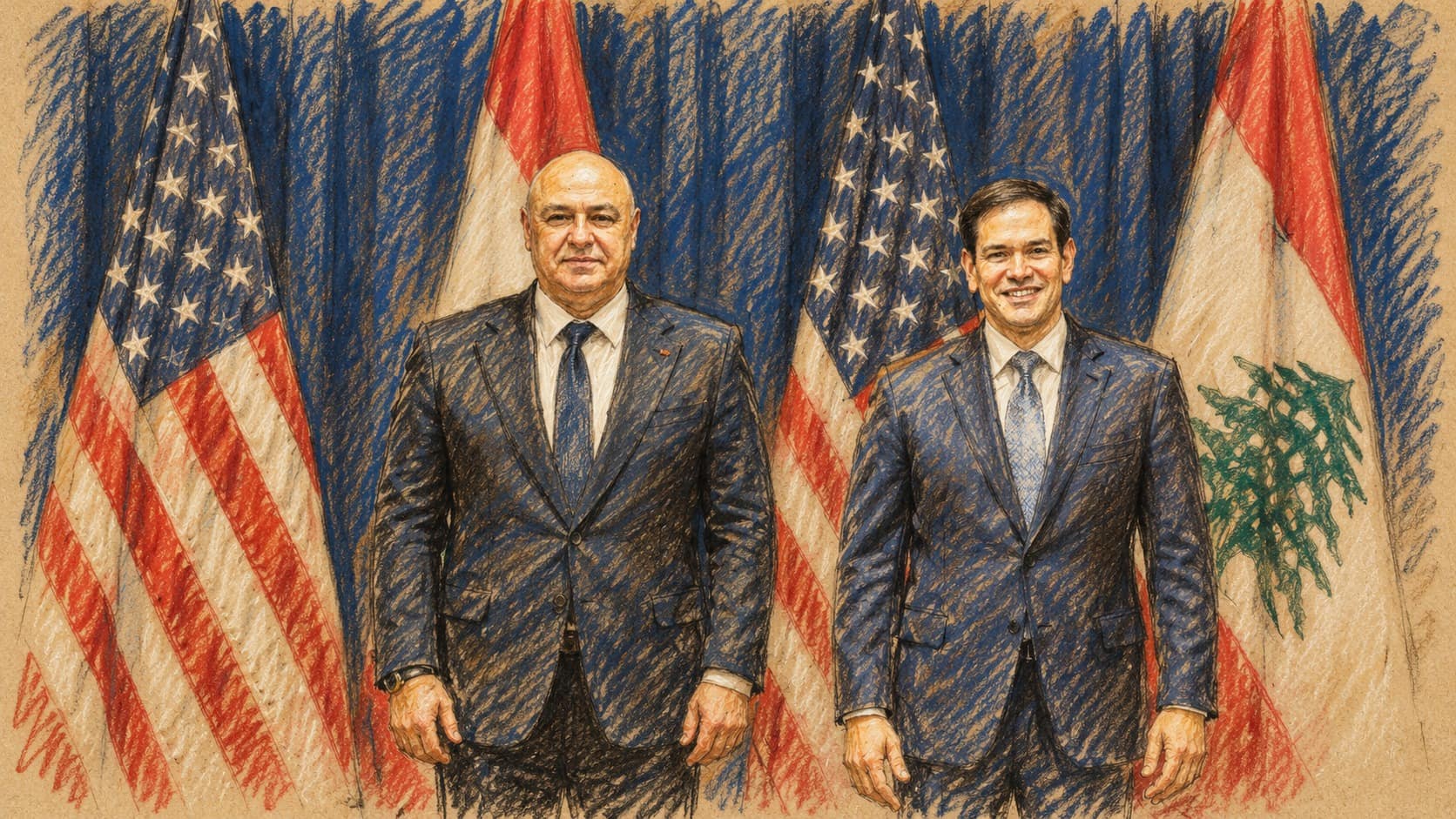 Courtroom-sketch editorial illustration of Joseph Aoun and Marco Rubio standing before U.S. and Lebanese flags at their September 22, 2025 meeting in New York; archival diplomatic context.