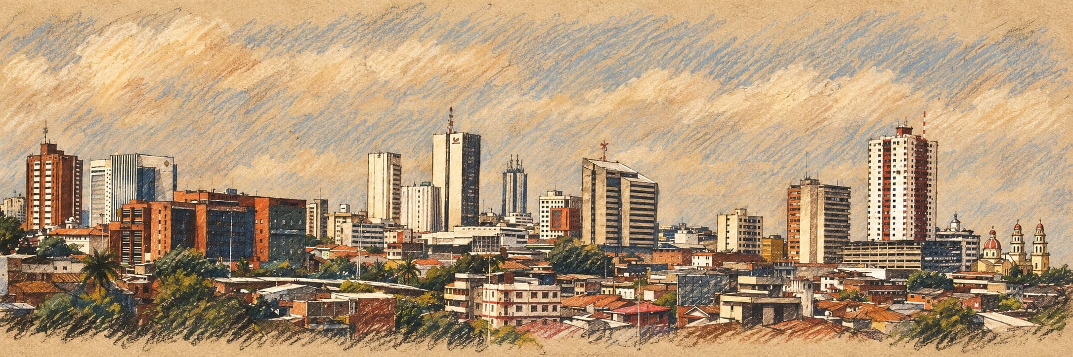 Courtroom-sketch editorial illustration of an archival skyline of nearby Cali in Valle del Cauca, Colombia, rendered in warm ochre and slate-blue pastel strokes; regional context, not a depiction of Jamundí or the attack.