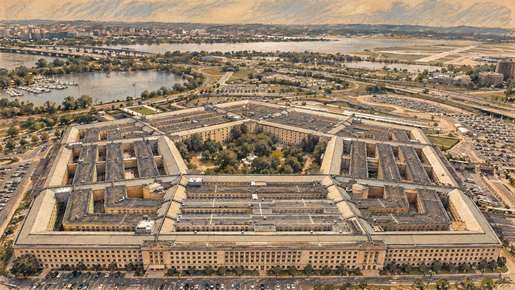 Courtroom-sketch editorial illustration of an archival aerial view of the Pentagon and its central courtyard, providing institutional context for the CENTCOM statement.