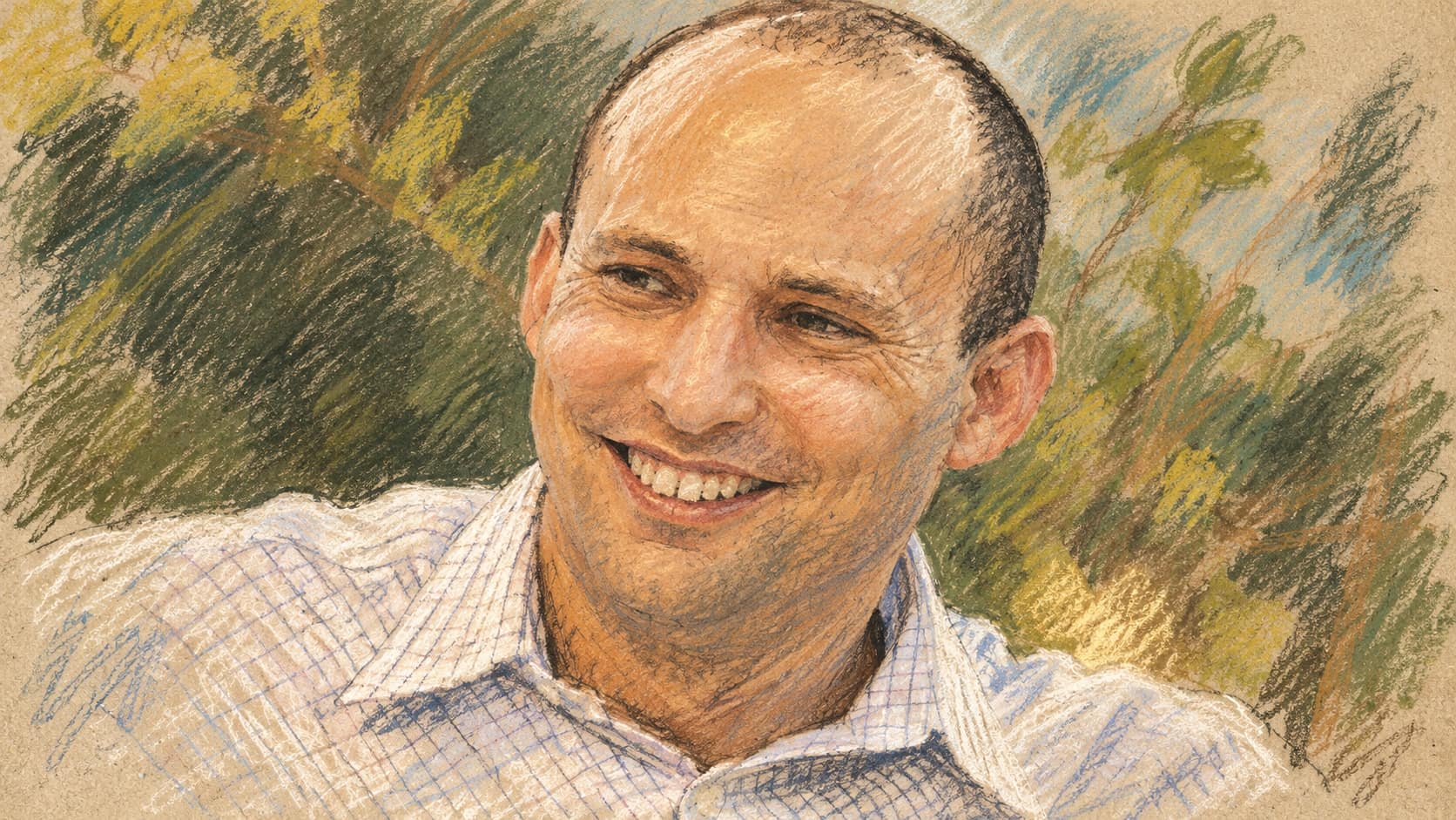 Courtroom-sketch editorial illustration of Naftali Bennett smiling in a pale checked shirt before green foliage, based on an archival portrait uploaded in January 2011; contextual image, not his October 17 statement.