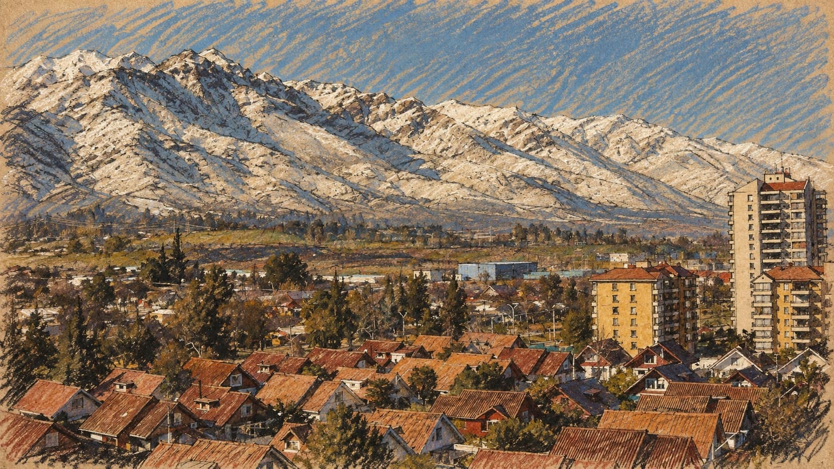 Courtroom-sketch editorial illustration of an archival July 2008 view of snow-covered Andean foothills above Santiago residential rooftops and apartment towers, rendered in warm ochre and slate-blue pastel strokes; geographic context, not the October 2026 weather event or its effects.