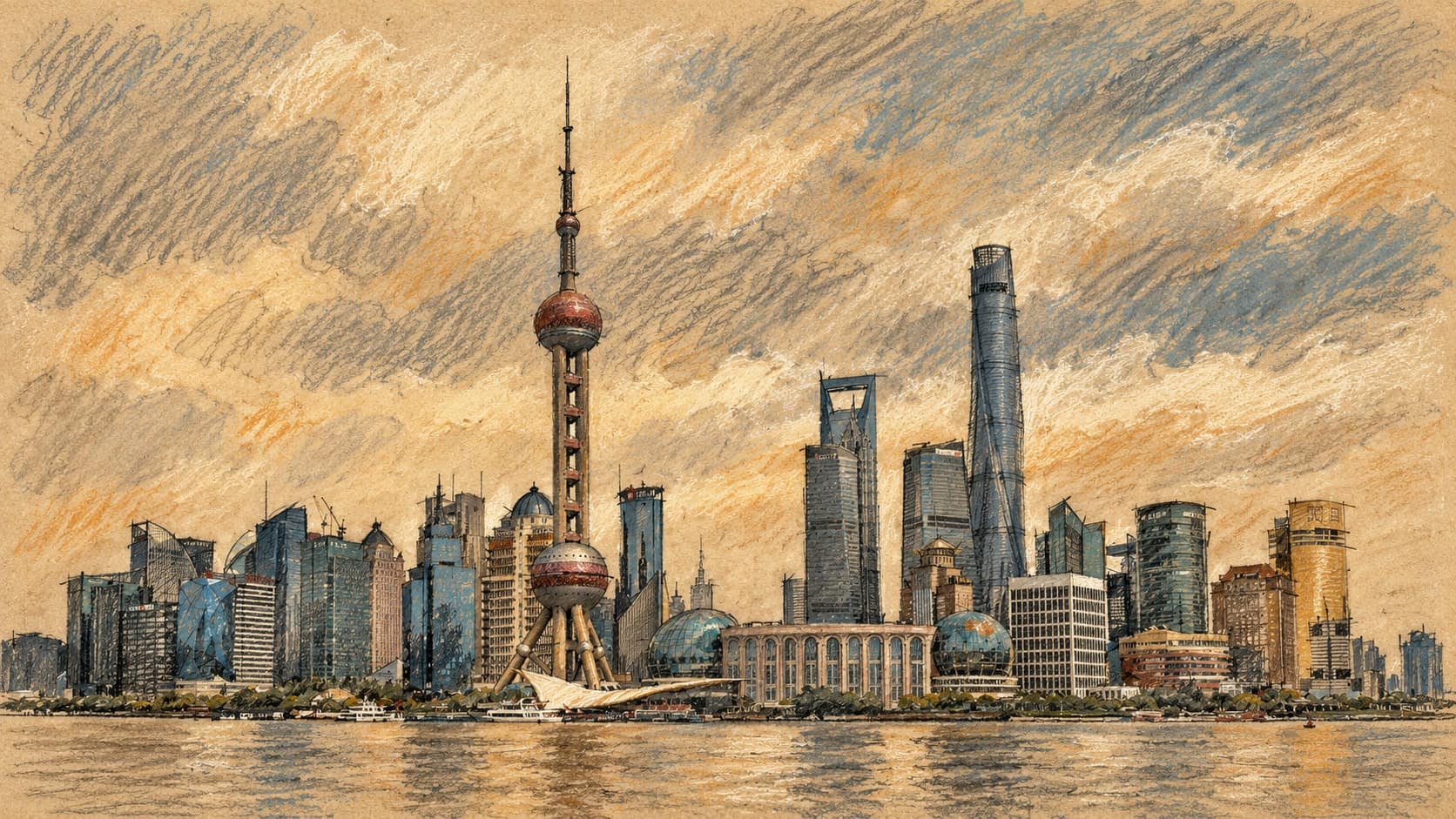 Courtroom-sketch editorial illustration of the Shanghai Pudong waterfront skyline across the river, including the Oriental Pearl Tower and Shanghai Tower, rendered in warm ochre and slate-blue pastel strokes; archival host-city context from May 2015, not the October 2026 tennis semifinal.