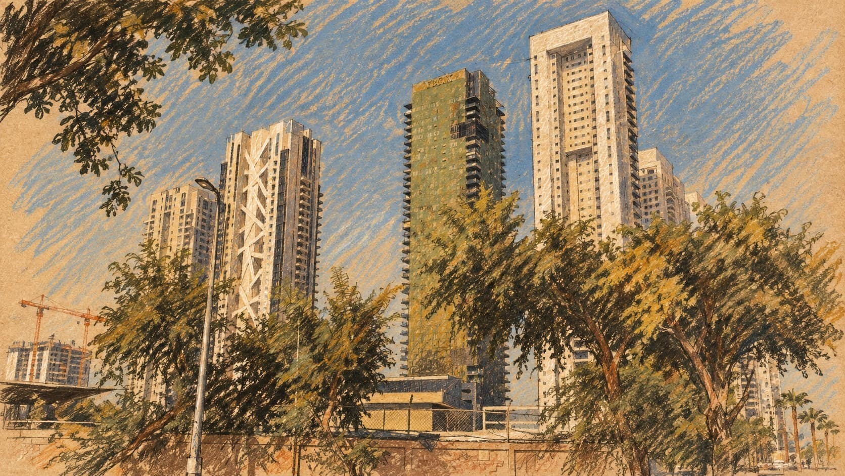 Courtroom-sketch editorial illustration of an archival Bat Yam cityscape with residential towers behind leafy trees; contextual view, not the incident scene.