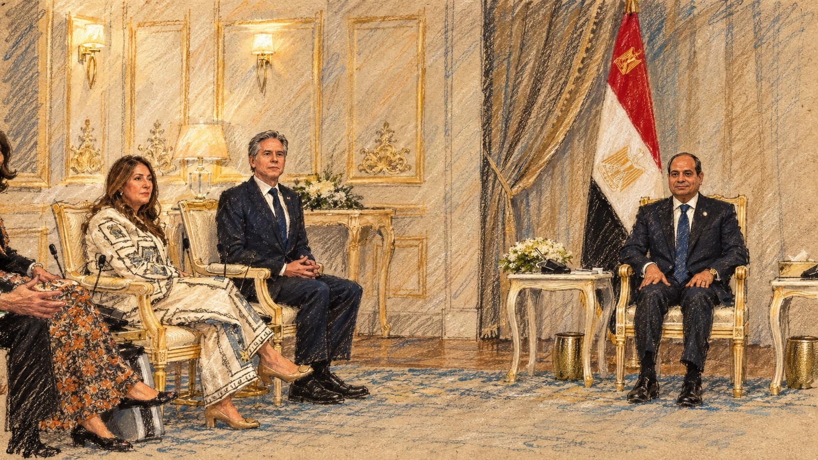 Courtroom-sketch editorial illustration of Egyptian President Abdel Fattah el-Sisi at an archival August 2024 meeting with Antony Blinken in Al Alamein