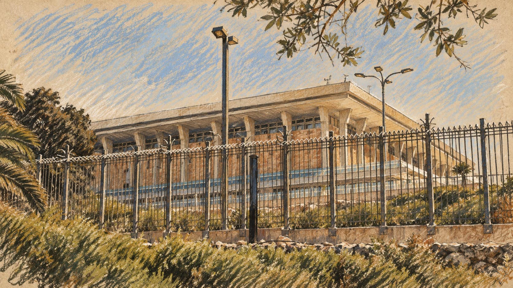 Courtroom-sketch editorial illustration of an archival Knesset exterior in Jerusalem behind a metal fence and green landscaping; contextual parliament view for Golan’s political statement.