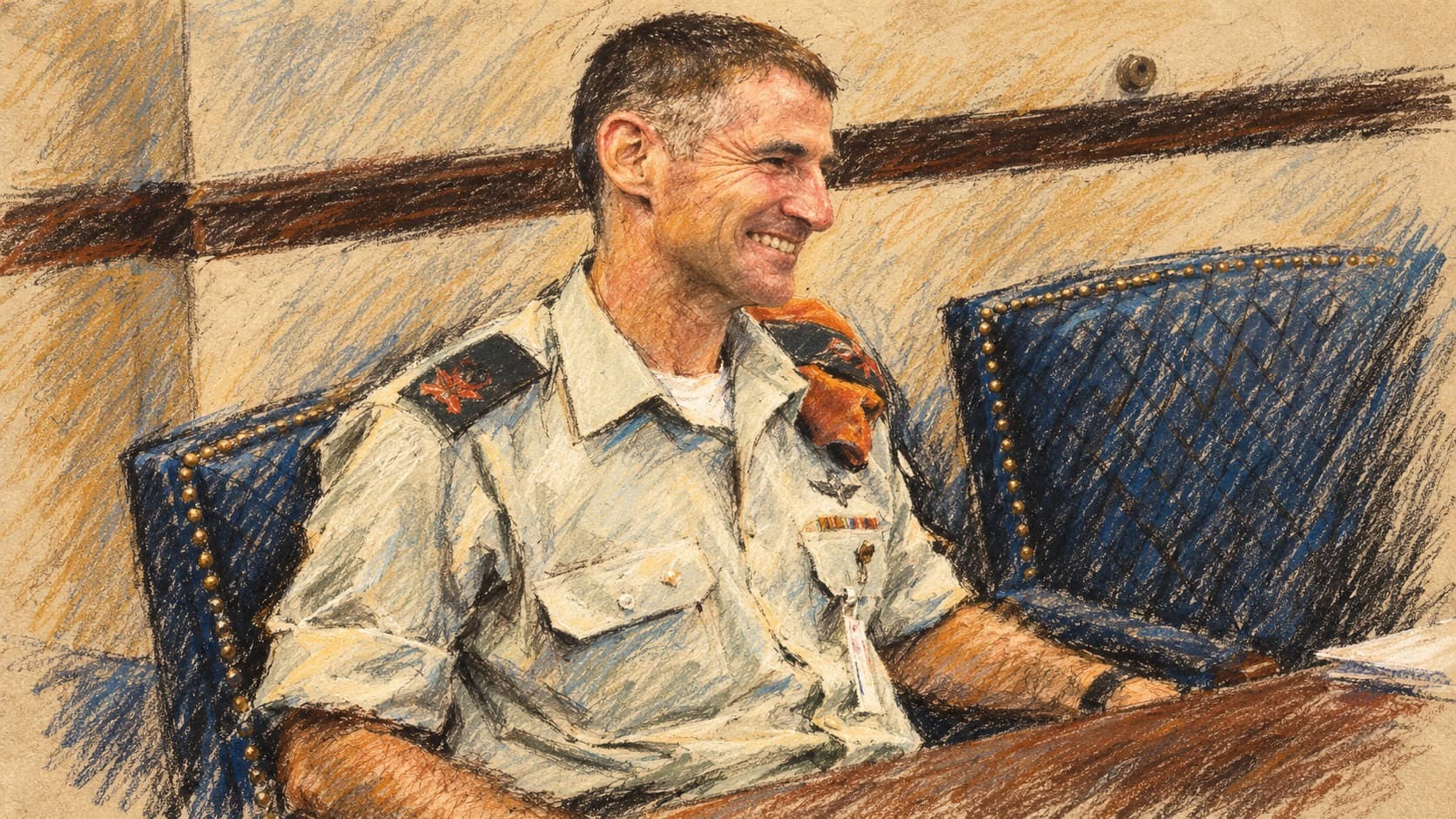 Courtroom-sketch editorial illustration of Yair Golan seated in an archival portrait