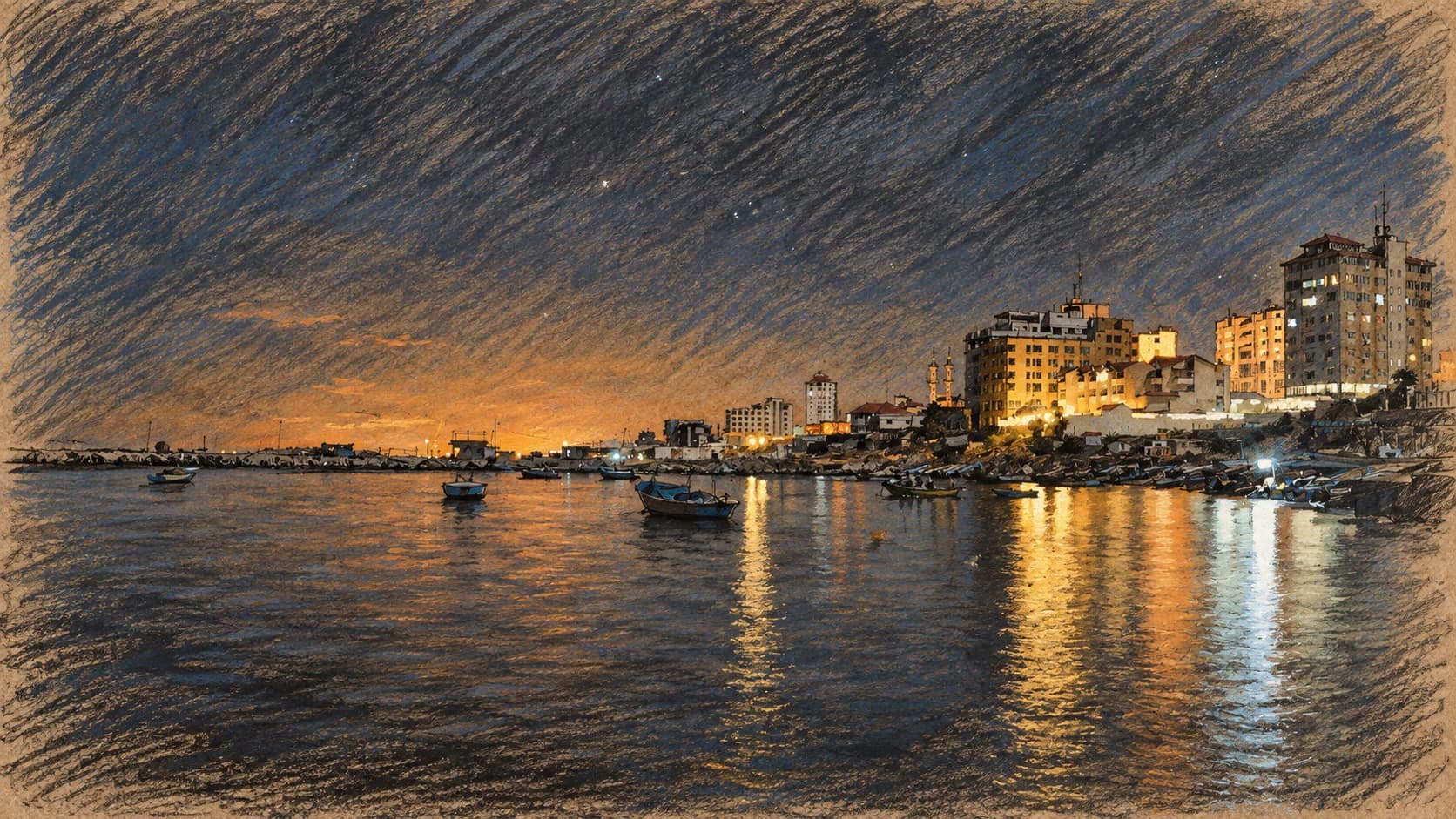 Courtroom-sketch editorial illustration of an archival 2015 view of Gaza port at night, with small boats and illuminated waterfront buildings; contextual view, not the October 3 strike