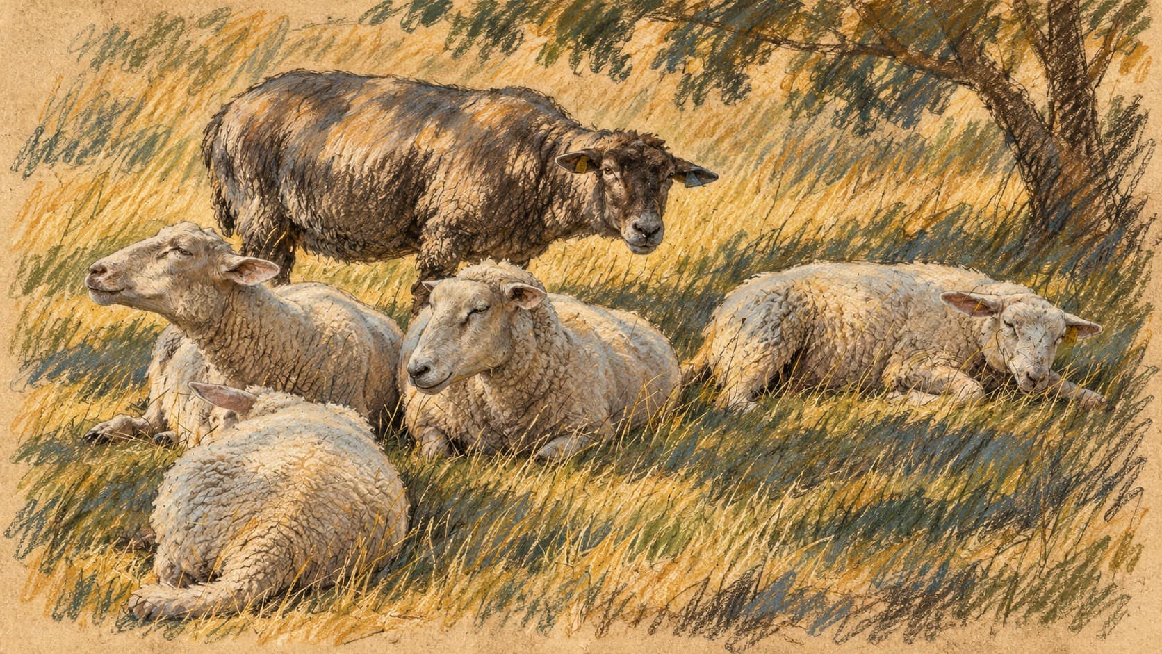 Courtroom-sketch editorial illustration of a sheep flock, based on a 2019 Swedish photograph for context; not the South Hebron Hills clash or its disputed flock.