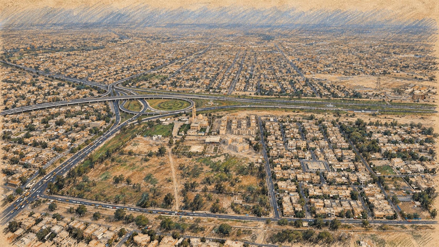 Courtroom-sketch editorial illustration of an archival June 2014 aerial view of Baghdad with dense low-rise city blocks, a broad highway interchange, intersecting roads and open plots, rendered in warm ochre and slate-blue pastel strokes; geographic context, not a depiction of the October 2026 ammunition blast or its aftermath.