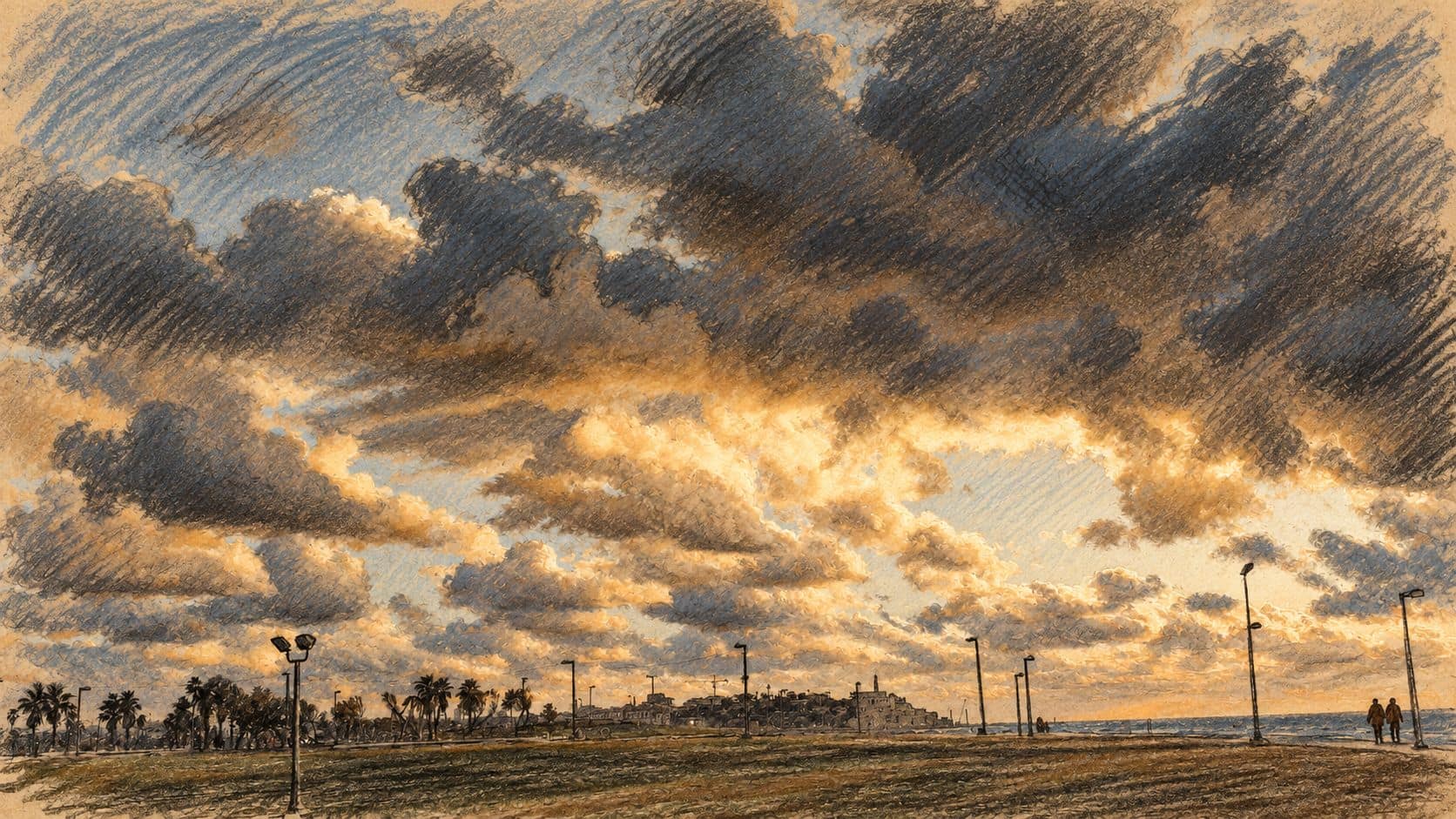 Courtroom-sketch editorial illustration of clouds over a coastal park in Tel Aviv, based on an archival February 2020 view, with palm silhouettes and light poles.