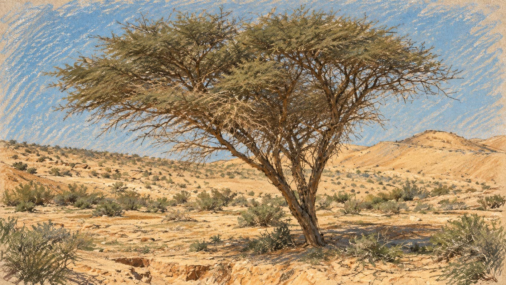 Courtroom-sketch editorial illustration of an archival acacia tree and low desert hills in Makhtesh Gadol, providing Negev landscape context; the October 17 fog conditions are not depicted.
