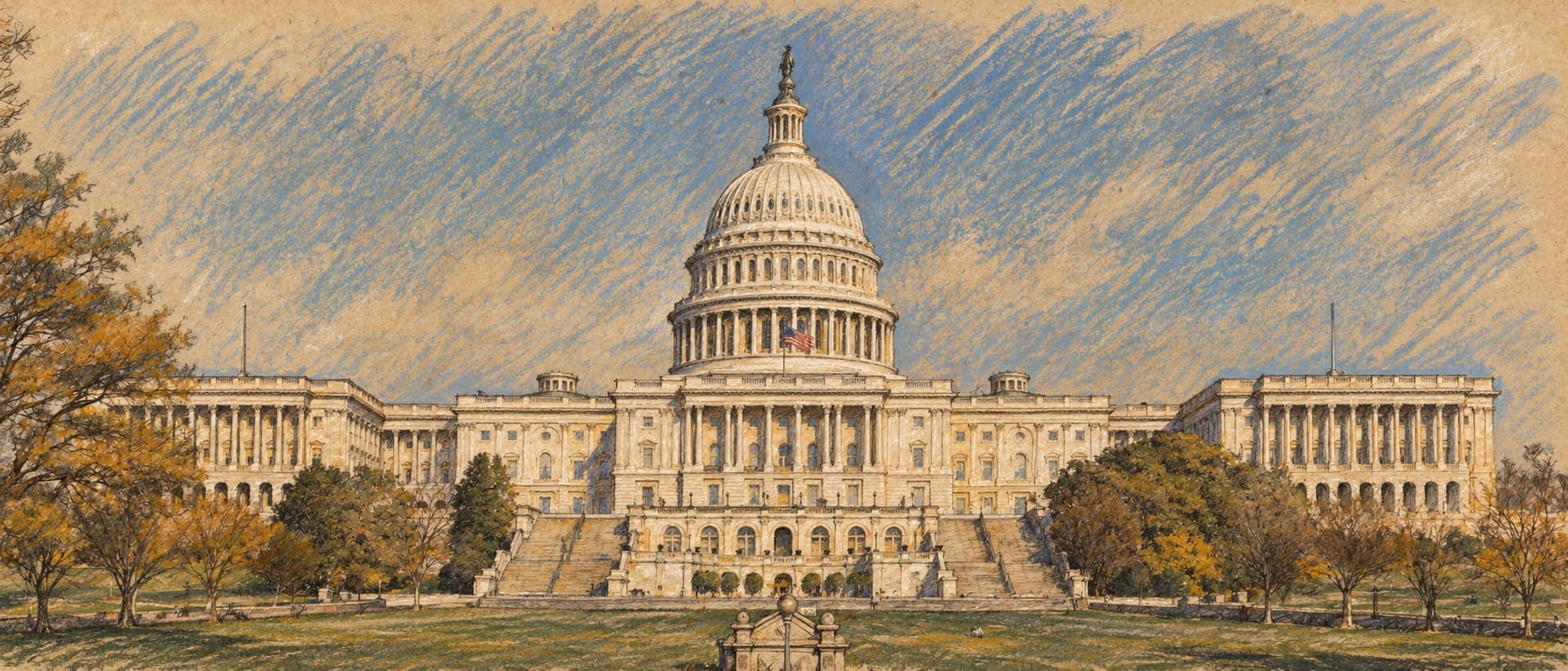Courtroom-sketch editorial illustration of an archival view of the United States Capitol, providing context for congressional-election voter advertising