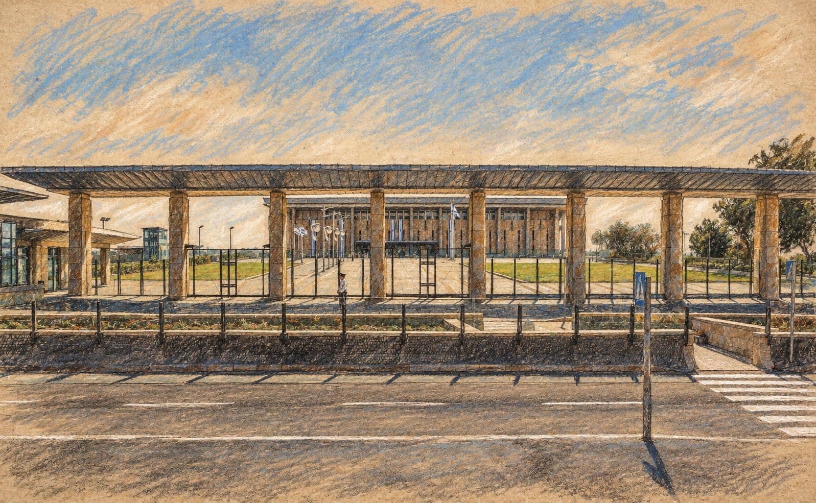 Courtroom-sketch editorial illustration of the Knesset building behind its covered entrance and fence, with an empty road and crossing in front; archival November 2008 institutional election context, not Karhi or his campaign statement.