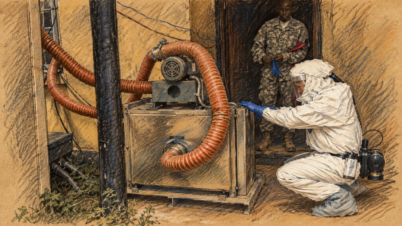 Courtroom-sketch editorial illustration of a biochemist in white protective coveralls and blue gloves crouching beside a metal Ebola laboratory machine with orange hoses, with a uniformed person in the doorway behind him, rendered in warm ochre and slate-blue pastel strokes; archival February 2015 laboratory decontamination in Zwedru, Liberia, offered as response context, not a depiction of the October 2026 Kenyan cases or patients.