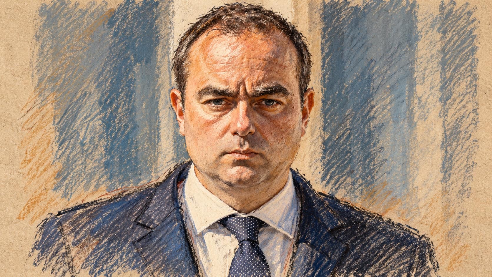 Courtroom-sketch editorial illustration of an archival June 2024 portrait of Sébastien Lecornu in a dark suit and navy tie, rendered in warm ochre and slate-blue pastel strokes; contextual portrait, not the October 2026 protests.