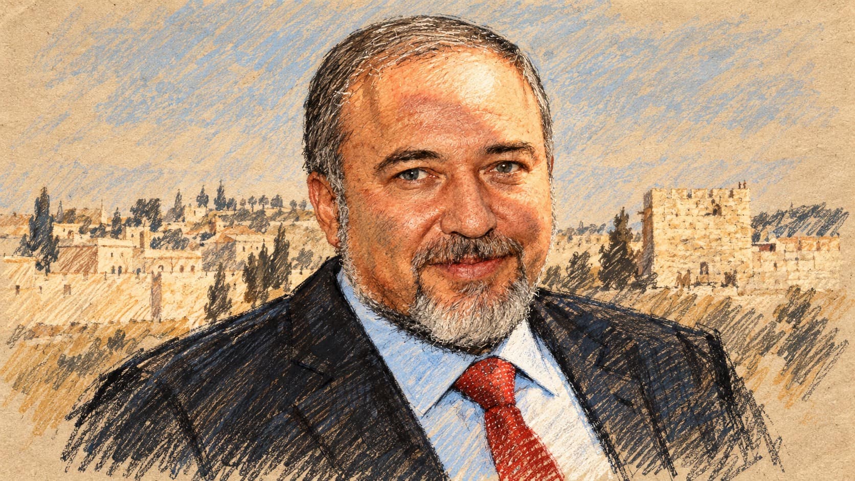 Courtroom-sketch editorial illustration of Avigdor Liberman in a dark suit and red tie against the Jerusalem skyline, based on an archival 2010 portrait.