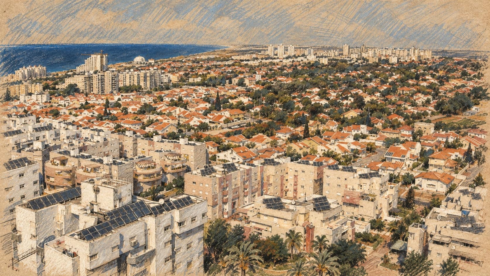 Courtroom-sketch editorial illustration of an archival 2007 Ashkelon residential panorama with apartment blocks, red-roofed homes, trees and the Mediterranean Sea; contextual housing view.