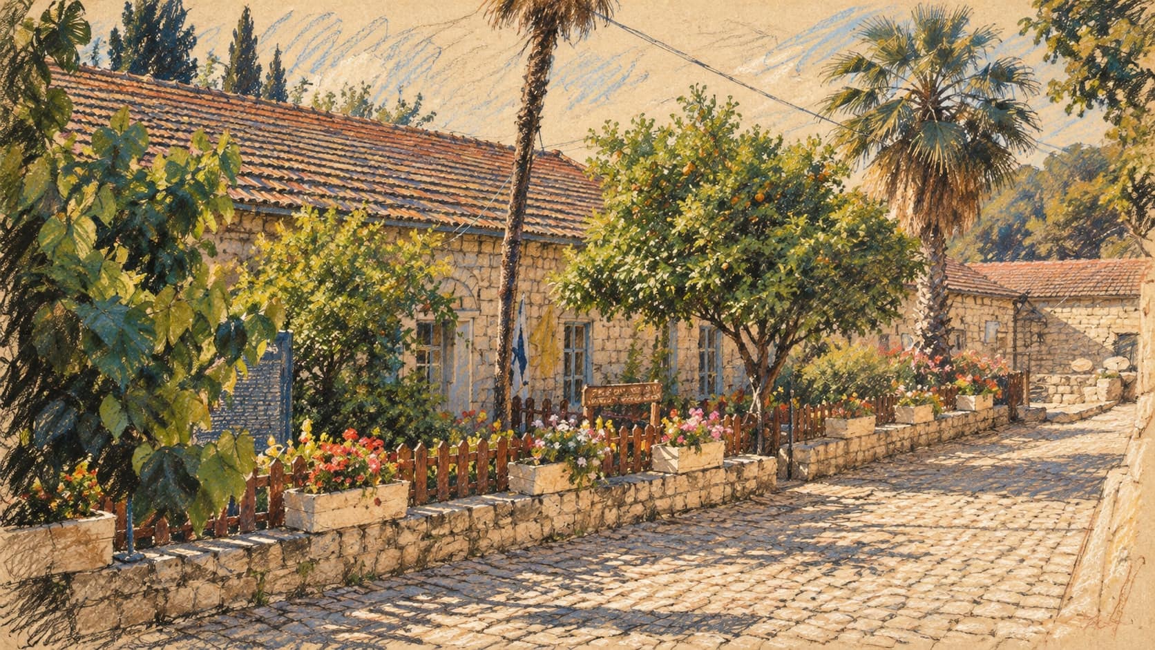 Courtroom-sketch editorial illustration of an archival 2006 Rosh Pina stone lane with tiled-roof buildings, palms and flower planters; contextual town view, not the crash scene.