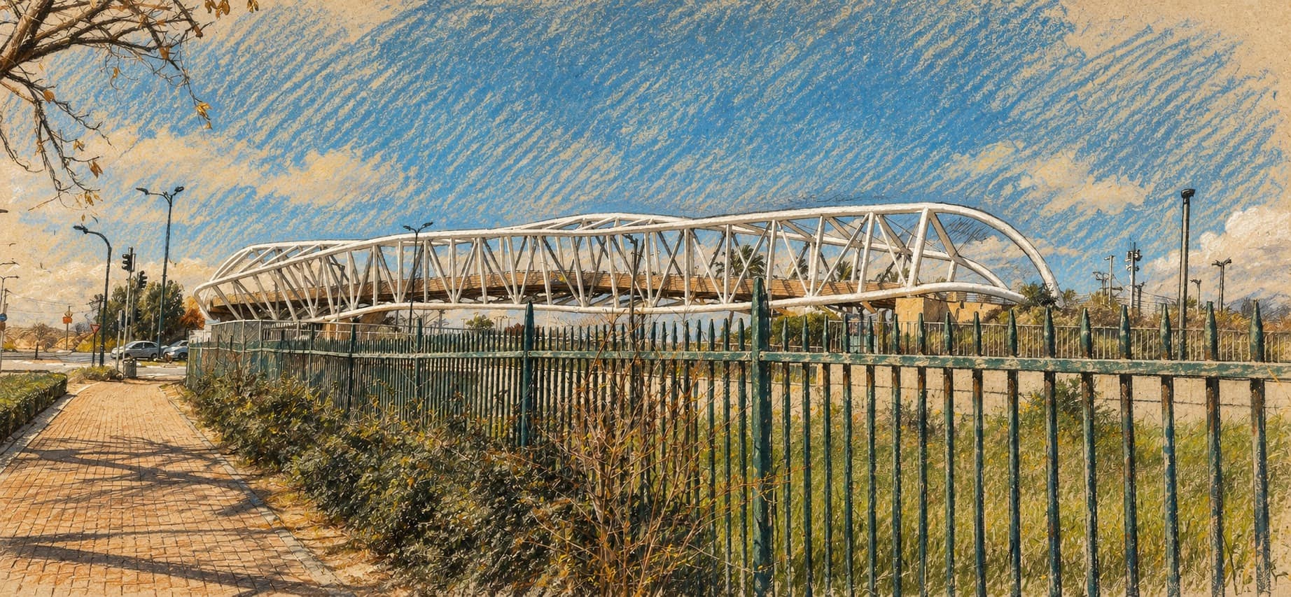 Courtroom-sketch editorial illustration of an archival Netanya footbridge behind a green fence, used as a contextual city view; it does not depict the shooting or Yirmiyahu Street.