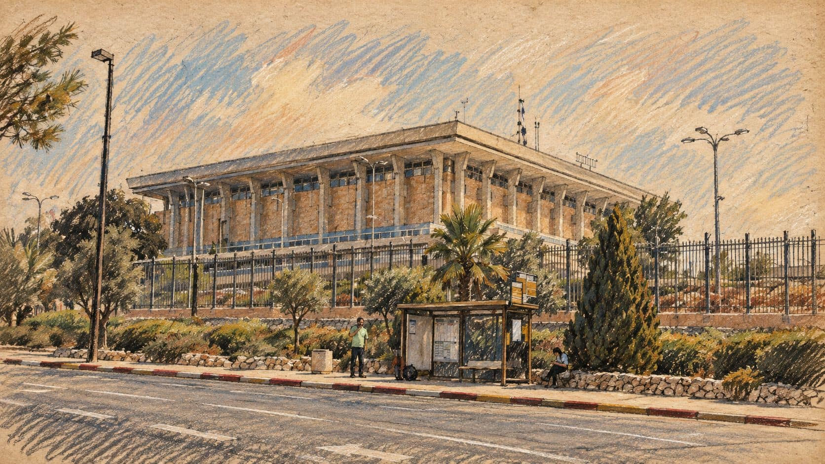 Courtroom-sketch editorial illustration of the Knesset building behind its garden and fence, with a roadside bus shelter, based on an archival July 2018 photograph; institutional context, not a hearing or terrorism incident.