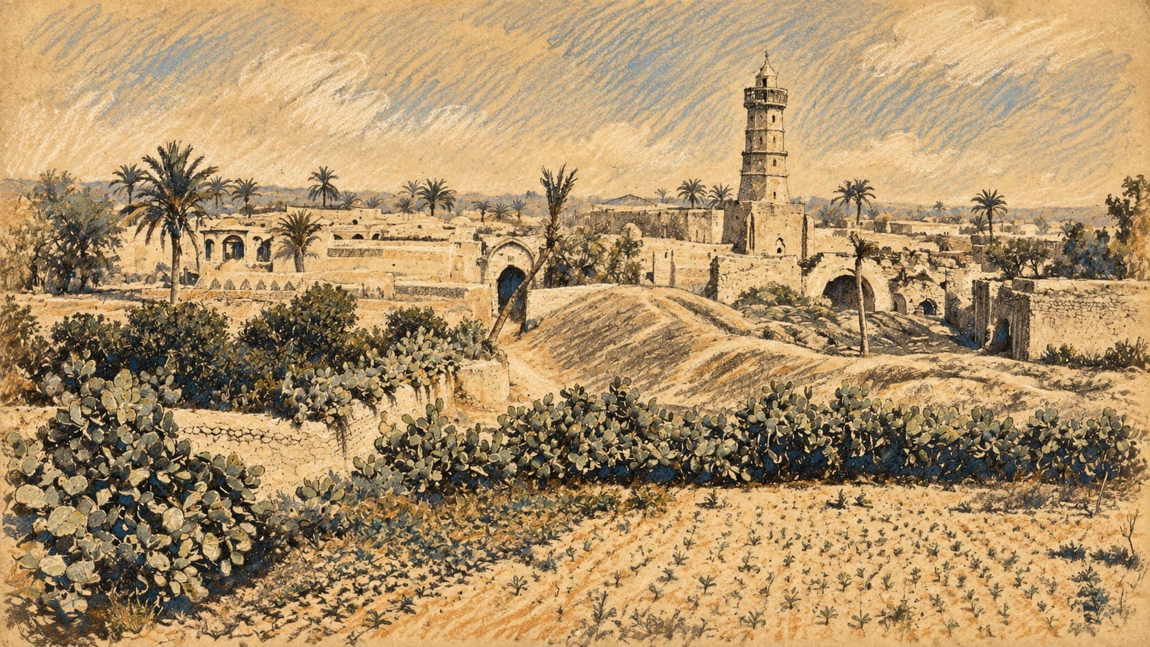 Courtroom-sketch editorial illustration of Gaza old town and cactus-lined fields, based on an archival 1857 view; historical context, not the reported overnight incidents.