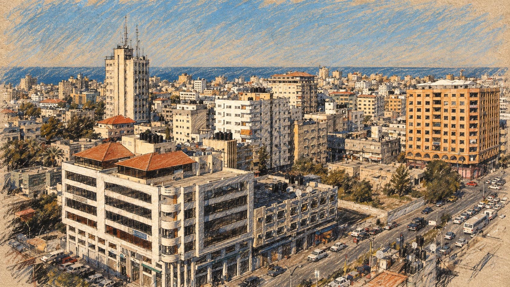 Courtroom-sketch editorial illustration of an archival 2007 Gaza City panorama with mid-rise buildings and a street, used as geographic context; not the reported strike or school.