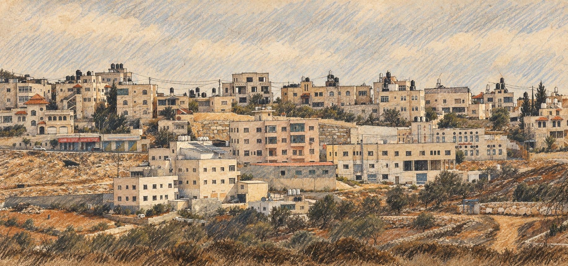 Courtroom-sketch editorial illustration of an archival 2025 view of Deir Jarir’s hillside buildings, used as geographic context; not the reported attacks on olive harvesters.