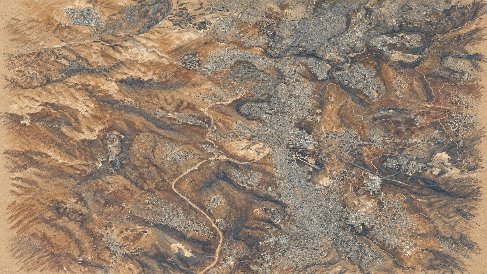 Courtroom-sketch editorial illustration of an archival satellite view of the Ramallah and Taybeh region, with towns, winding roads and hilly terrain