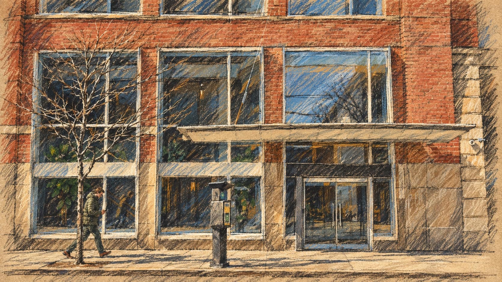 Courtroom-sketch editorial illustration of Proofpoint's Toronto office facade, based on an archival 2019 photograph for company context.