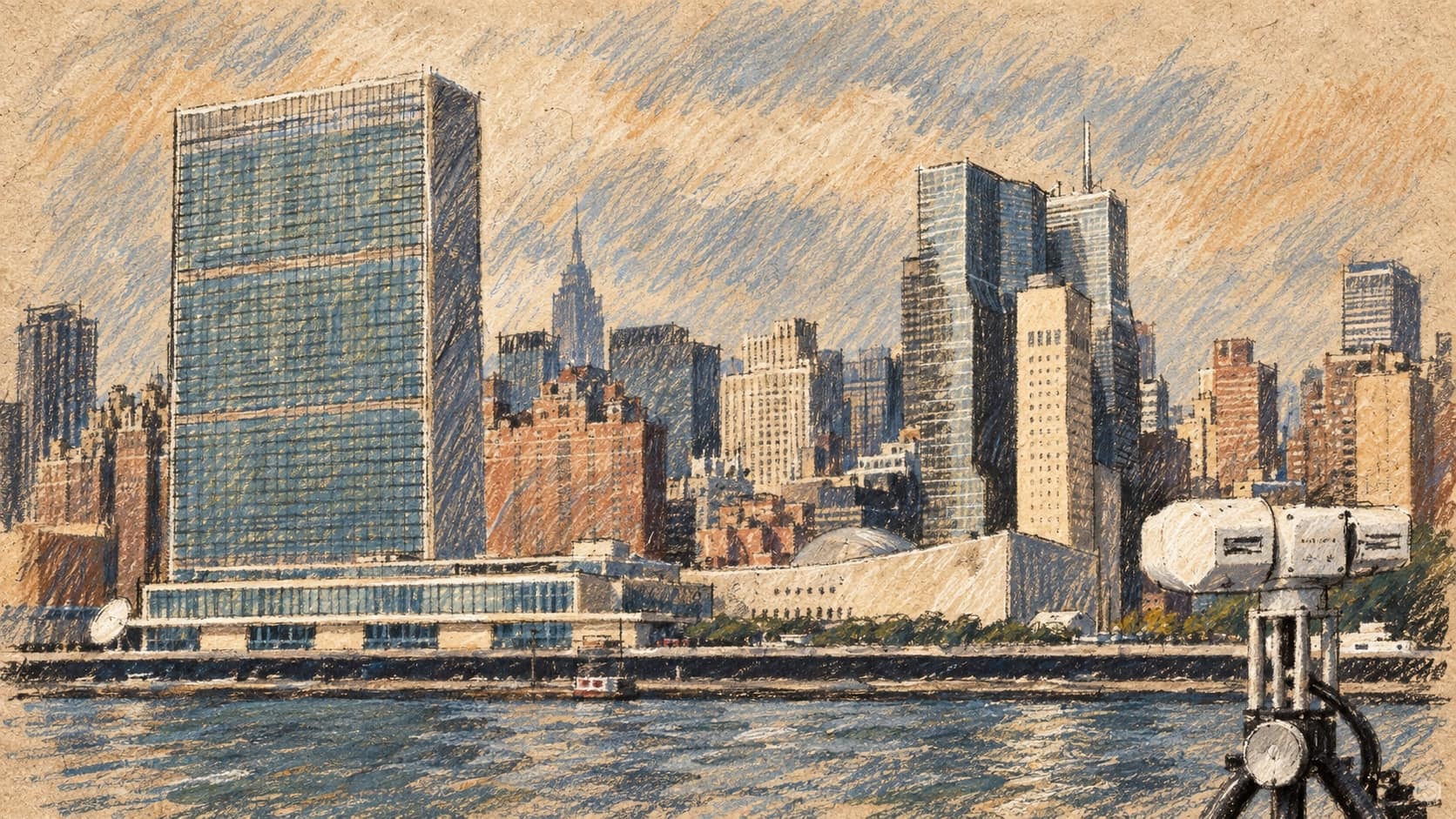 Courtroom-sketch editorial illustration of an archival view of the United Nations headquarters in New York across the East River