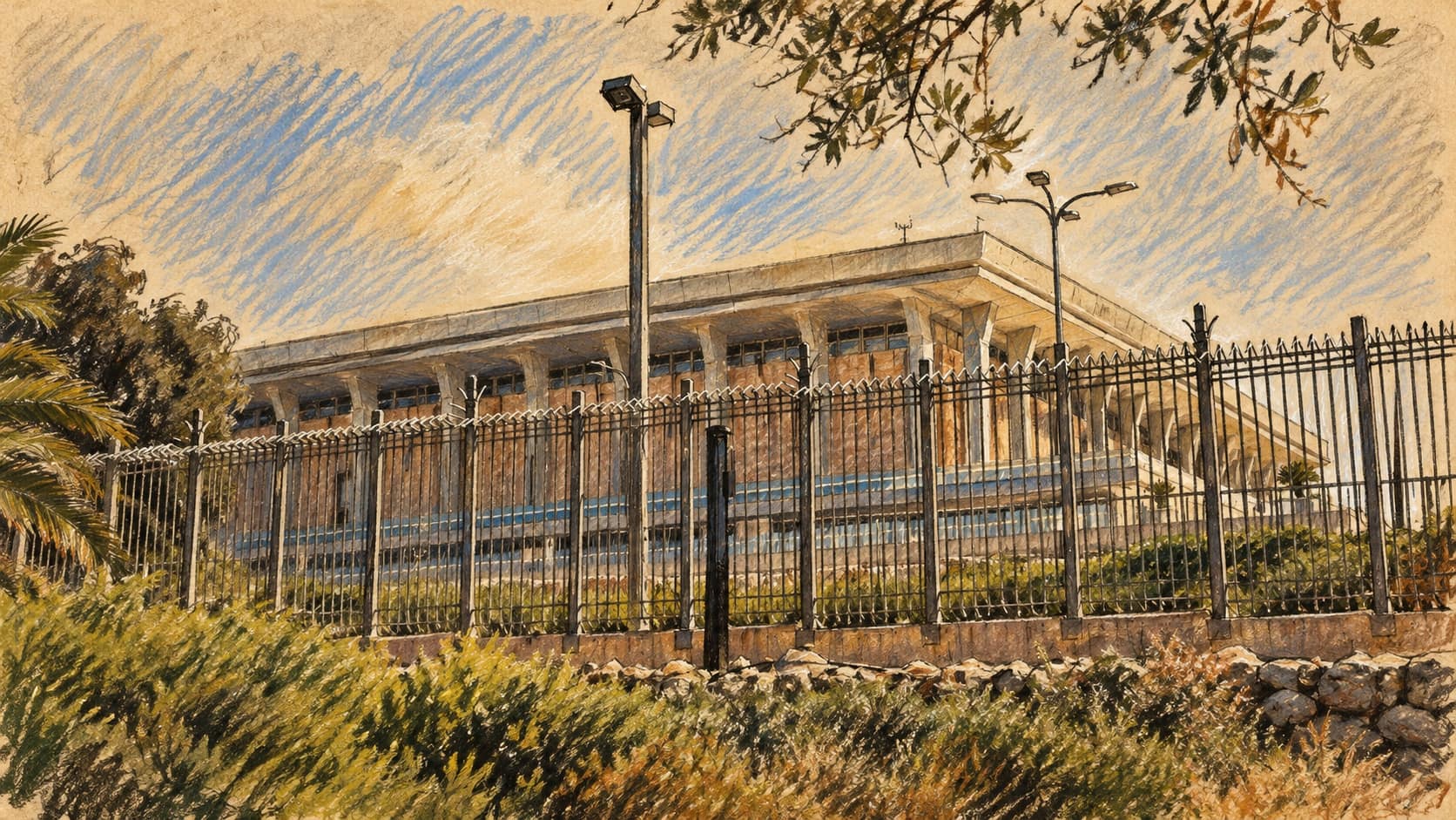 Courtroom-sketch editorial illustration of the Knesset building in Jerusalem behind its perimeter fence, an archival institutional view used as context for the coalition debate