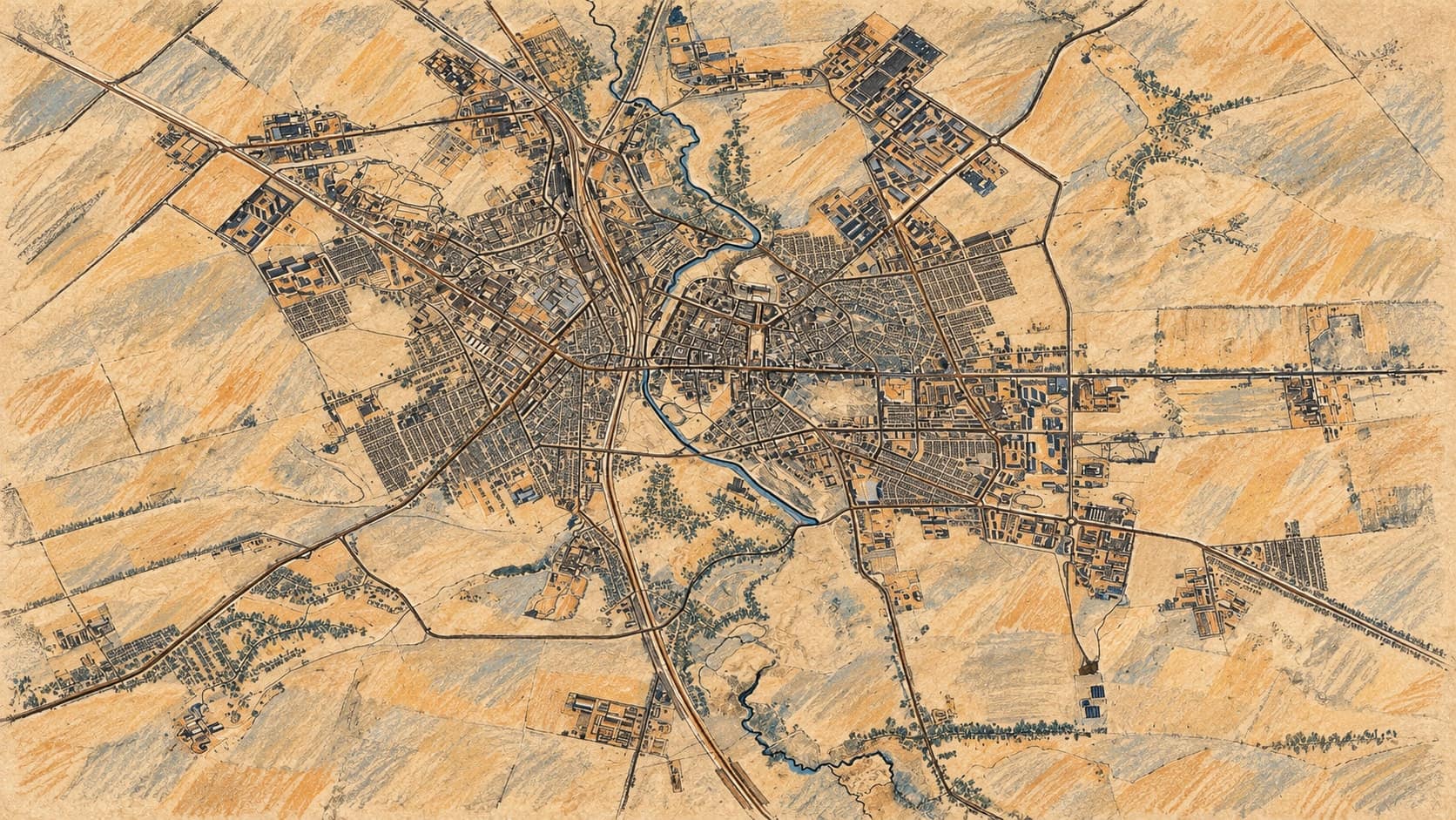 Courtroom-sketch editorial illustration of an archival 1981 overhead view of Rivne showing city blocks, roads, river and surrounding fields, rendered in warm ochre and slate-blue pastel strokes; geographic context, not a depiction of the strike or the enterprise.