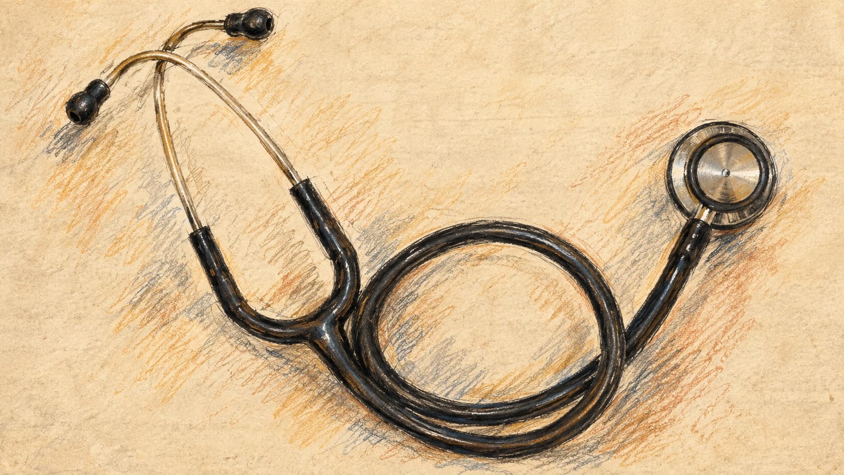 Courtroom-sketch editorial illustration of a stethoscope on a plain surface, used as contextual medical imagery; not the child or the incident scene.