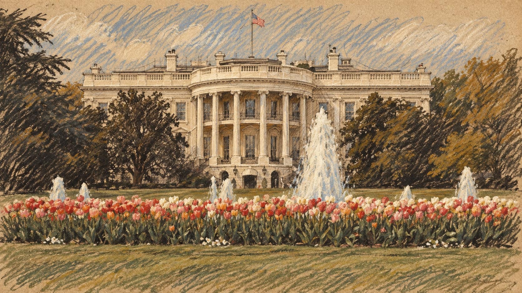 Courtroom-sketch editorial illustration of an archival 1981 view of the White House south portico beyond fountains, flowers and lawn; institutional context, not a depiction of the October 2026 executive order, rendered in warm ochre and slate-blue pastel strokes.