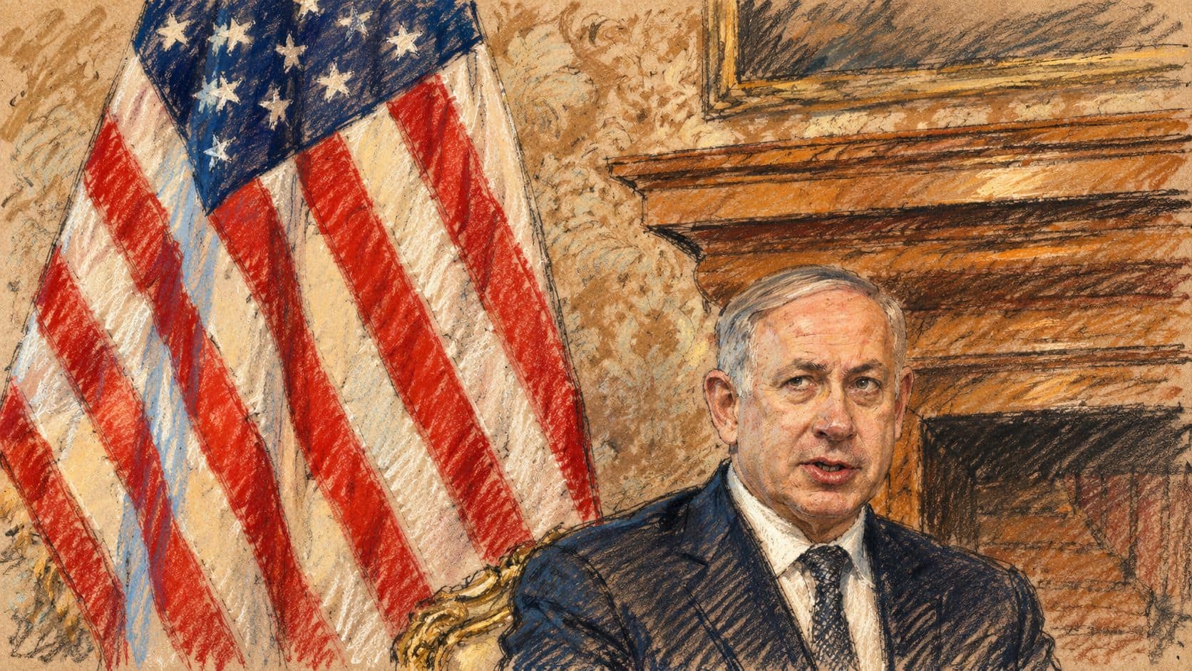 Courtroom-sketch editorial illustration of Benjamin Netanyahu seated beside a United States flag, based on an archival 2016 press appearance in Rome.
