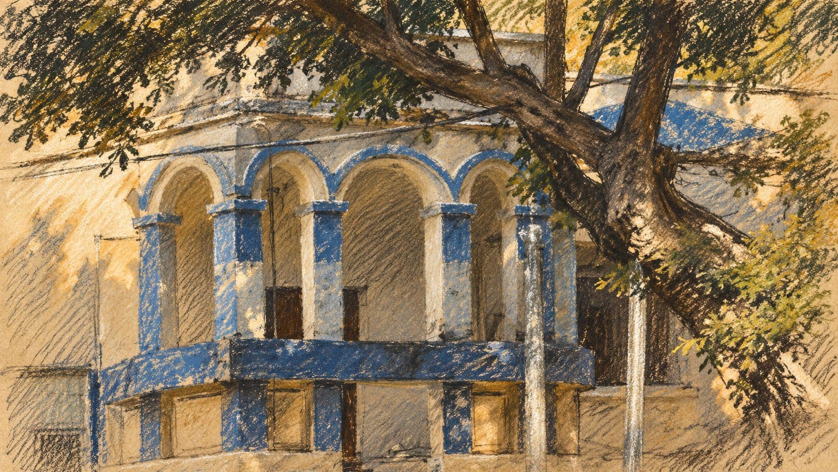 Courtroom-sketch editorial illustration of a house with an arched veranda on Shtamper Street in Petah Tikva, based on an archival photograph; contextual city view, not Elazar Friedman Street, the collision or the cyclist.