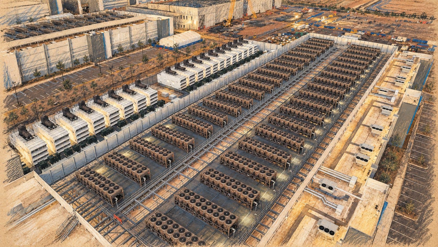 Courtroom-sketch editorial illustration of an archival Arizona data-center rooftop with cooling equipment and backup generators, used as infrastructure context