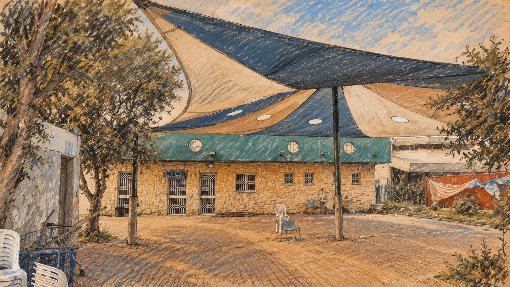 Courtroom-sketch editorial illustration of a Sderot youth community building courtyard beneath shade sails, based on an archival March 2026 photograph; contextual community infrastructure imagery.