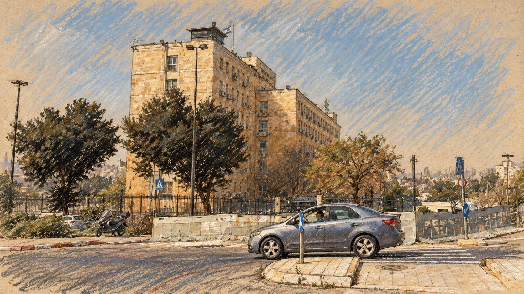 Courtroom-sketch editorial illustration of the Prime Minister’s Office exterior in Jerusalem, with trees and a car on the foreground street, based on an archival March 2018 photograph; contextual government view rather than the cabinet meeting.